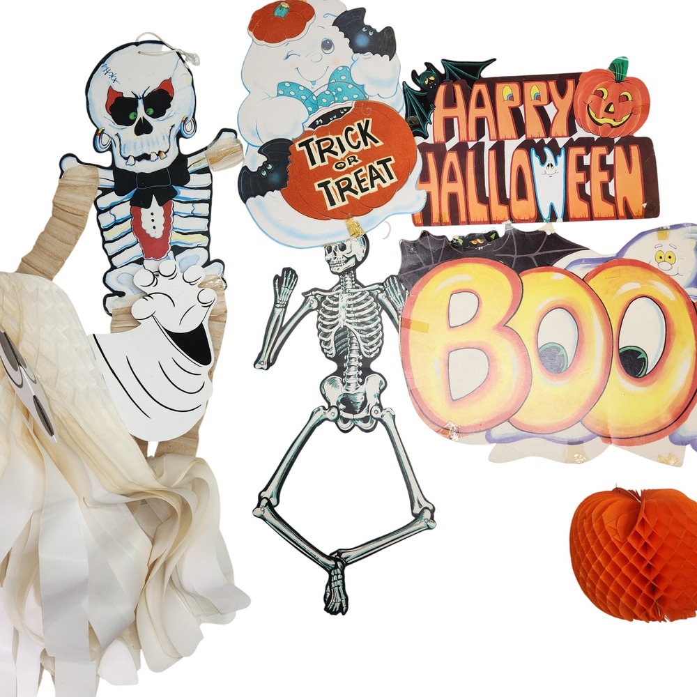 Vintage Beistle Halloween Decor Lot Jointed Skeleton Honeycomb Ghost Signs USA